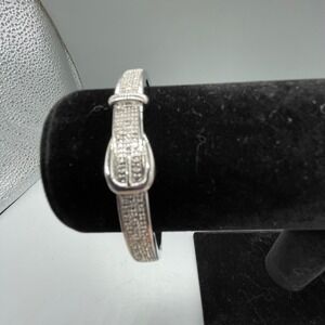 Silver Tone Pave Rhinestone Buckle Bangle Bracelet Hinged Belt Style 11a Mark